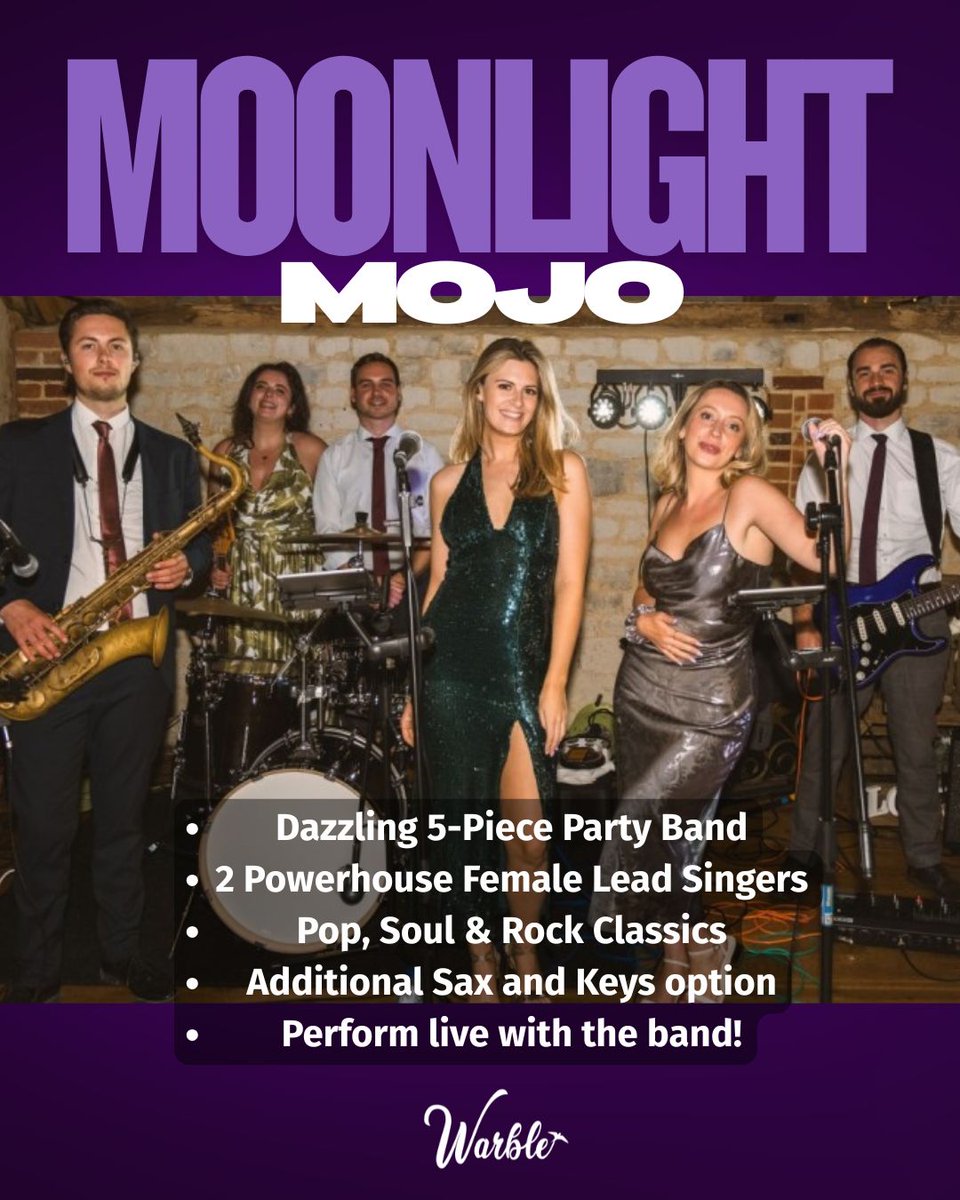 Meet Moonlight Mojo! 🤩

Perfect for weddings, parties and corporate events, this dual-fronted party band boasts 2 fabulous female lead singers, masterful musicians and a party-starting setlist!
warble-entertainment.com/moonlight-mojo