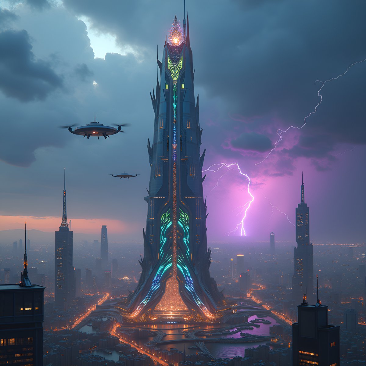 PromptSin's tweet image. Rise above the chaos—dream big, aim higher! 🚀✨ #Cityscapes #FuturisticVibes