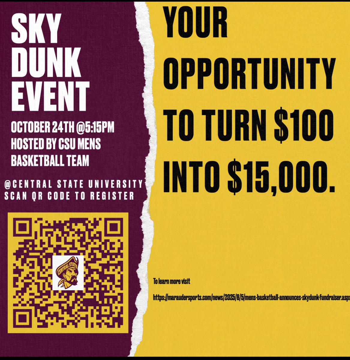 csu_mensbball's tweet photo. 🚨 18 DAYS AWAY! 🚨
Your shot to turn 💵 $100 into $15,000 happens Oct. 24 @ 5:15 PM at CSU!
Featuring Daniel “Booby” Gibson 🏀
🎟️ Scan the QR to register — don’t miss it!
#SkyDunk #CSUMarauders #Turn100Into15K https://t.co/WyjVbIZi5c