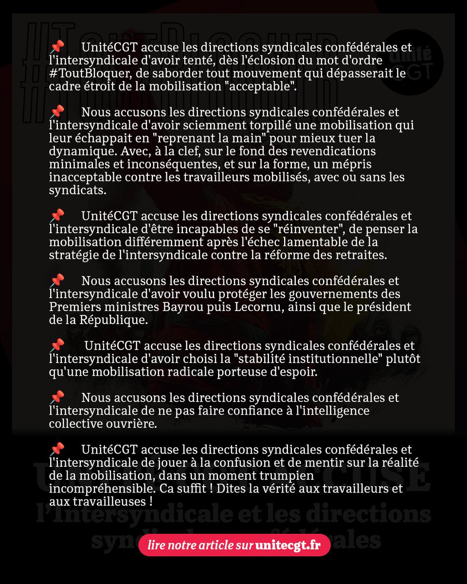 💥 Directions syndicales confédérales et intersyndicale :
𝐔𝐍𝐈𝐓𝐄𝐂𝐆𝐓 𝐀𝐂𝐂𝐔𝐒𝐄  ✊ 

📌 L'accélération de la crise de régime politique en France est l'occasion pour notre collectif de revenir sur la séquence sociale #ToutBloquer

👉 unitecgt.fr/unitecgt-accus…