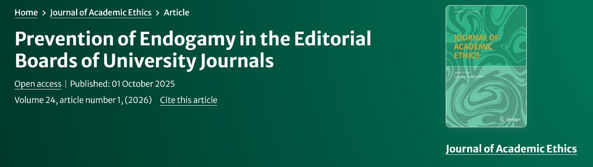 Our new article in the Journal of Academic Ethics explores editorial endogamy - the over-representation of editors from the same university that owns or hosts a journal: doi.org/10.1007/s10805…