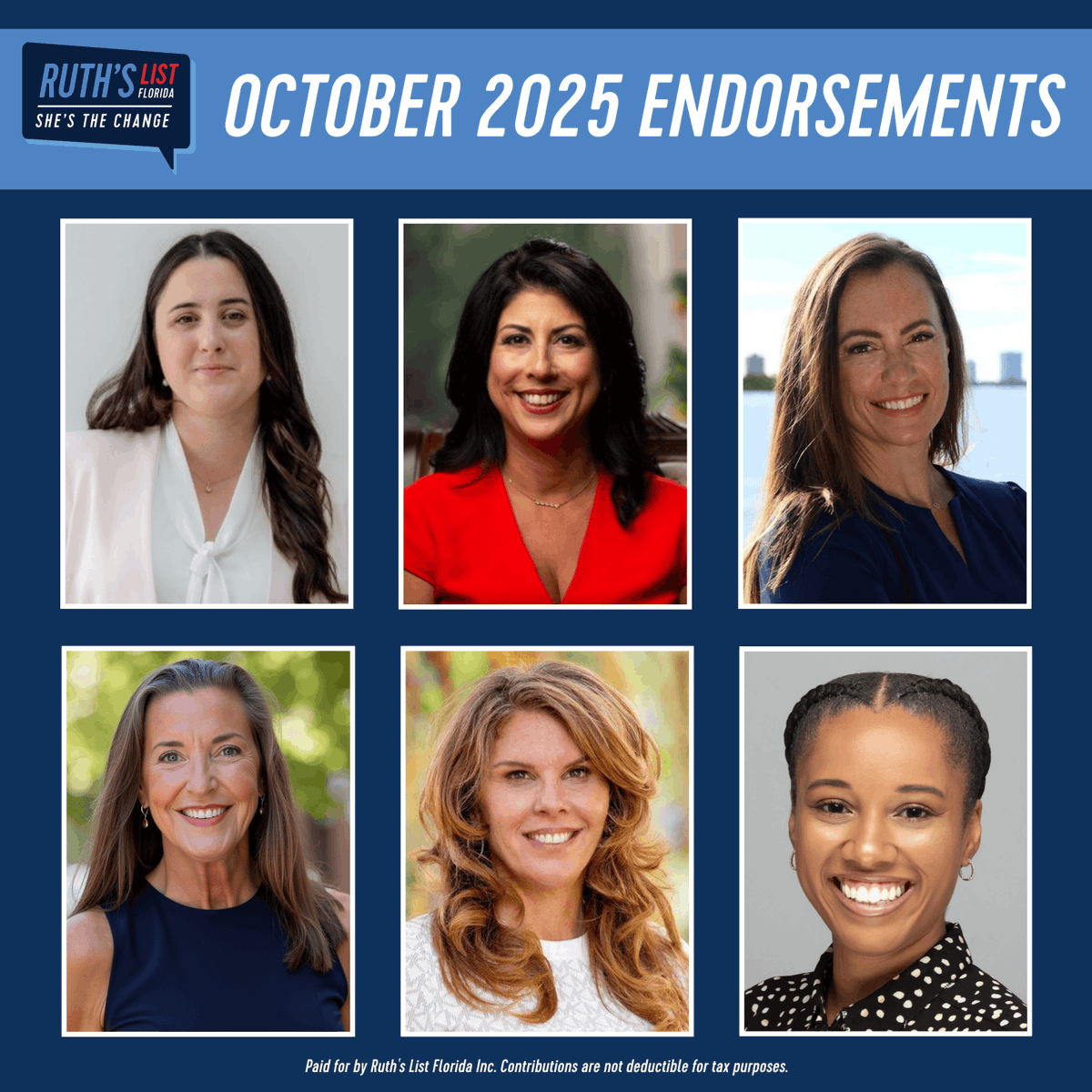 RuthsListFL's tweet photo. 🚨‼️ENDORSEMENT ALERT: Please join us in congratulating these 6 incredible pro-choice women leaders running for office across Florida!
⭐ @janeforflorida
⭐ @yvettedrucker
⭐ Emily Gregory
⭐ Judy Mollica
⭐ @rosengonzalez
⭐ Naya Young https://t.co/GonG1zcx7y
