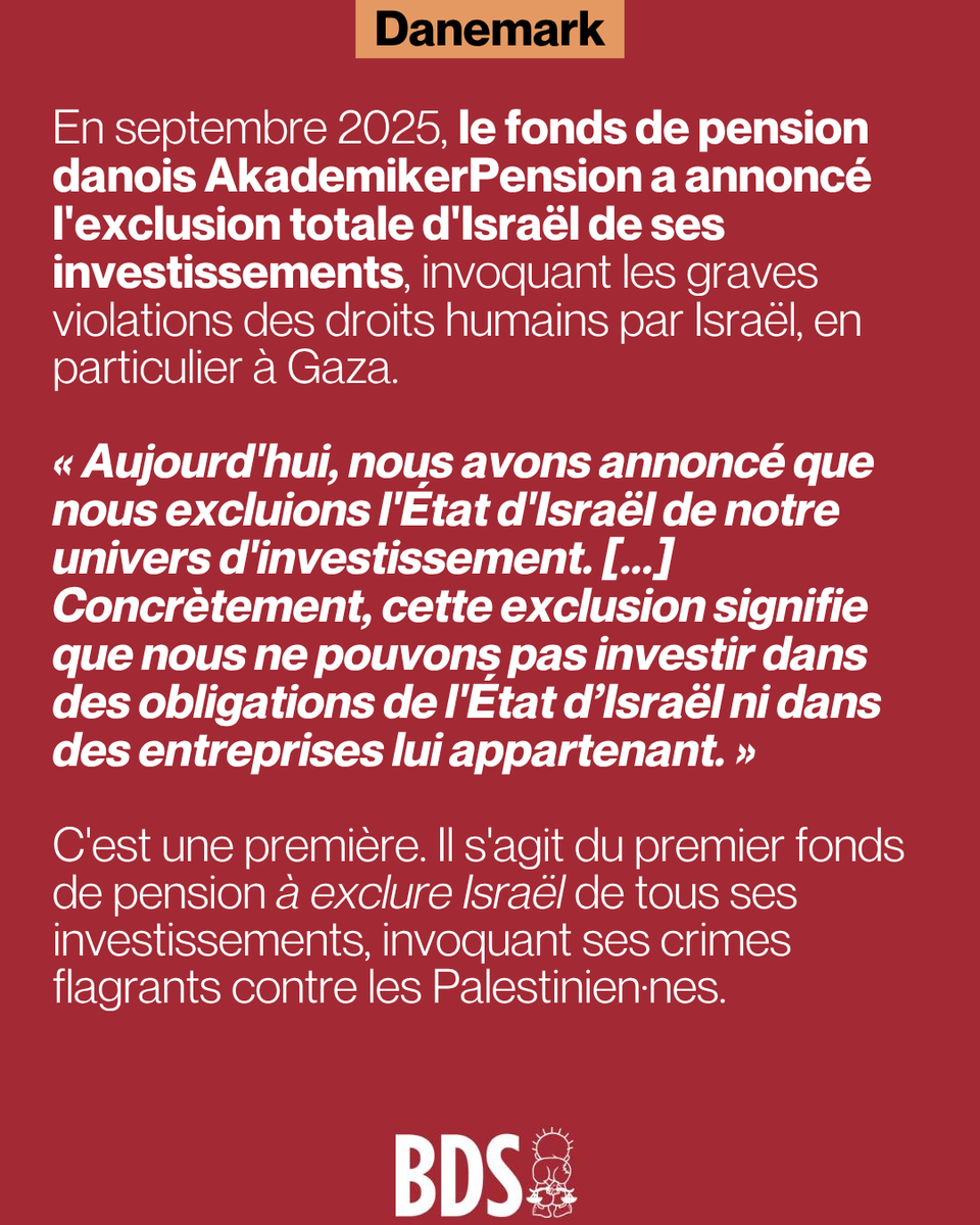 Campagnebds's tweet photo. #BDSworks
Les principaux fonds de pension de Norvège, des Pays-Bas et du Danemark excluent les entreprises complices impliquées dans les crimes israéliens contre les Palestinien·nes. 1/3 https://t.co/LmV1qtY1lb