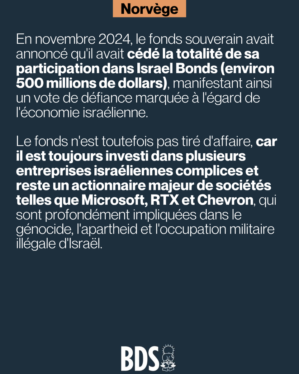Campagnebds's tweet photo. #BDSworks
Les principaux fonds de pension de Norvège, des Pays-Bas et du Danemark excluent les entreprises complices impliquées dans les crimes israéliens contre les Palestinien·nes. 1/3 https://t.co/LmV1qtY1lb