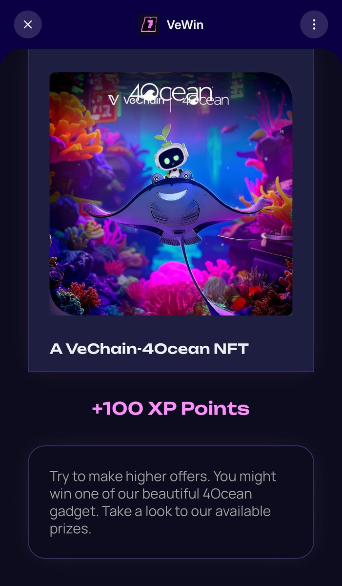 Whoa! I just won this prize for supporting 4Ocean and VeChain to help pull out plastic waste from the oceans.

💎VET, VTHO, and B3TR are a force for good. Level up your tokens at win.vet to claim a Mystery Box and make a real-world impact. 
Only on VeChain– Giving