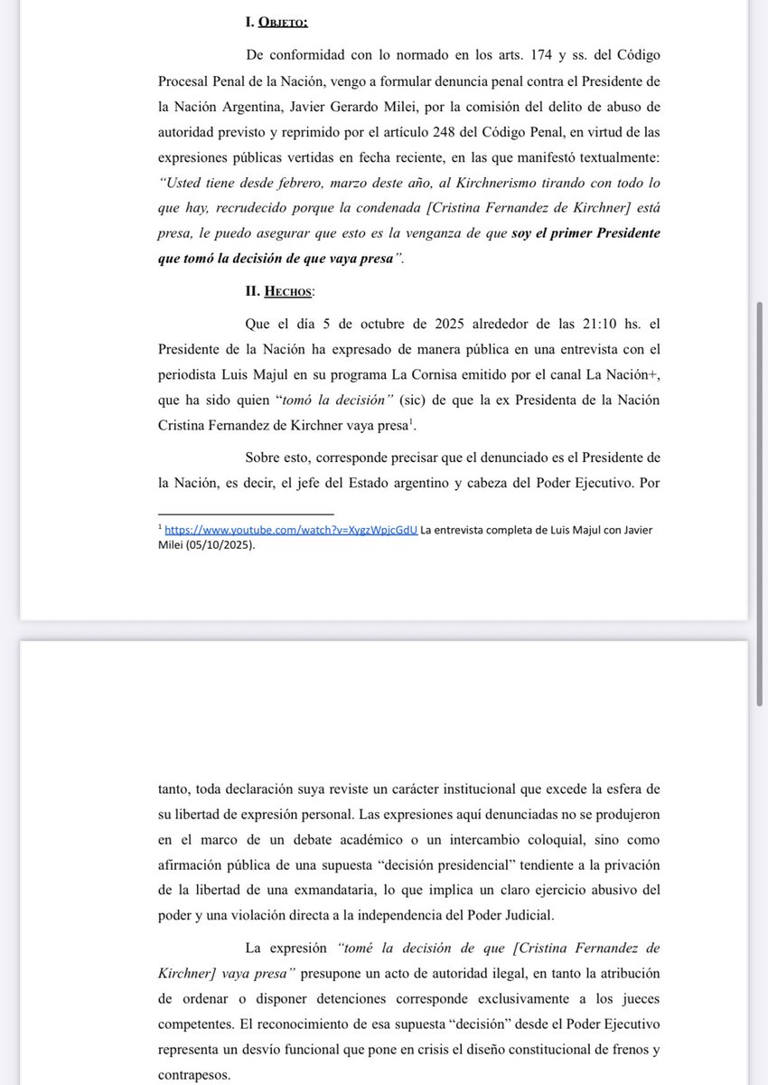 Denuncian a Milei por abuso de autoridad tras admitir que fue él quien tomó la decisión decisión de poner presa a Cristina Kirchner. Una de las denuncias la presentó el abogado Dalbon y la otra la abogada Carreras