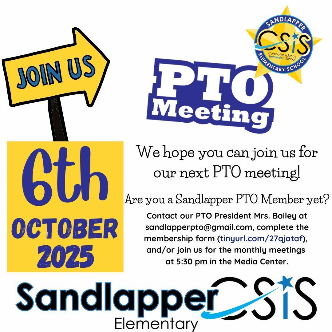 📣 Attention Sandlapper families! Join us for the PTO meeting today, Monday, October 6th, at 5:30 PM. Parents &amp; staff can attend in person or virtually.  The Google Meet link can be found in today's ParentSquare post. Let’s continue to help our All Stars shine!  #SandlapperPTO