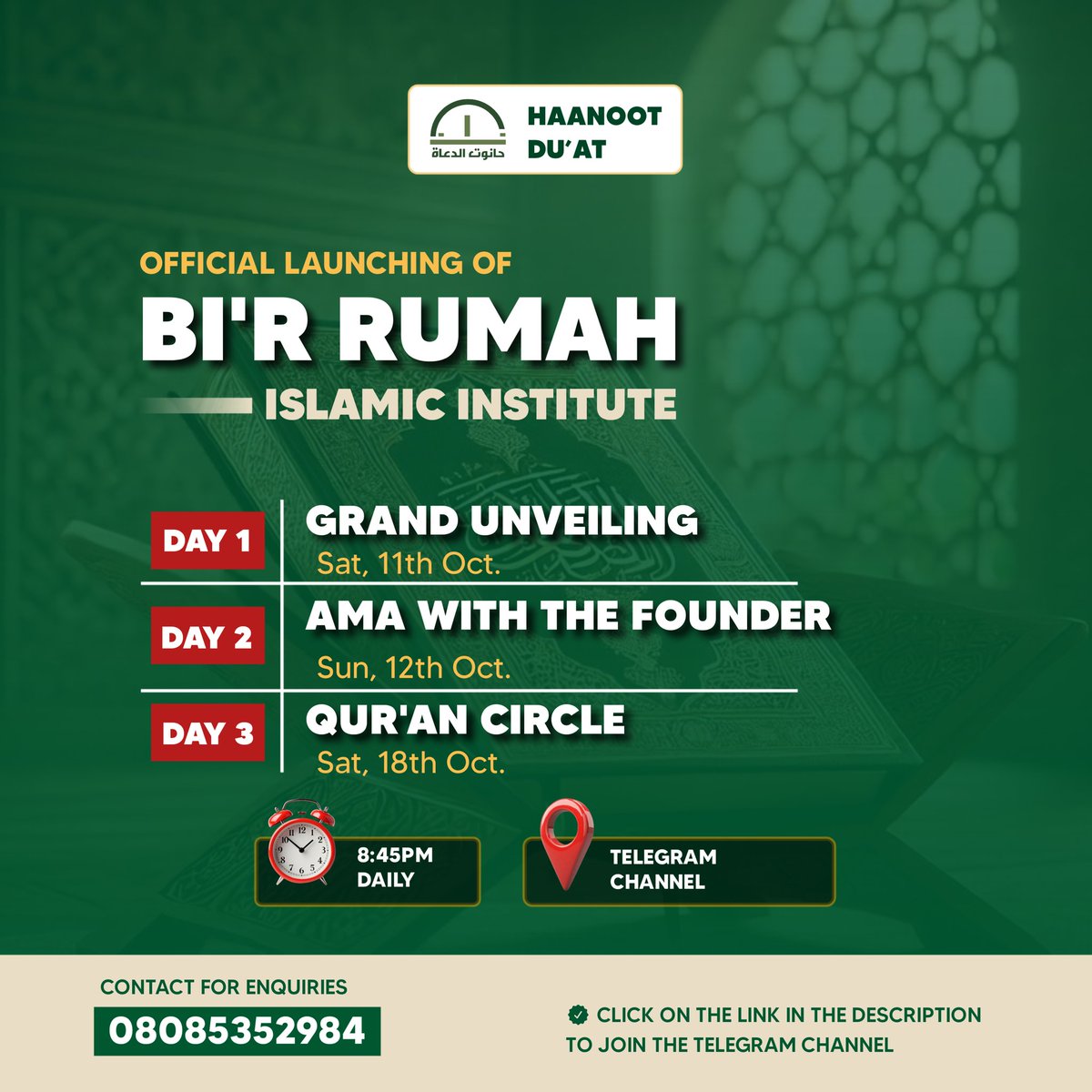 thisisabouahmad's tweet photo. 🌙 Finally, It’s Time!

Assalamu'alaykum warahmatullahi wabarakatuhu 

The official launching of BI’R RUMAH ISLAMIC INSTITUTE is here, a 3-day spiritual you shouldn't miss.

🧵 https://t.co/F2Dc7PefbD