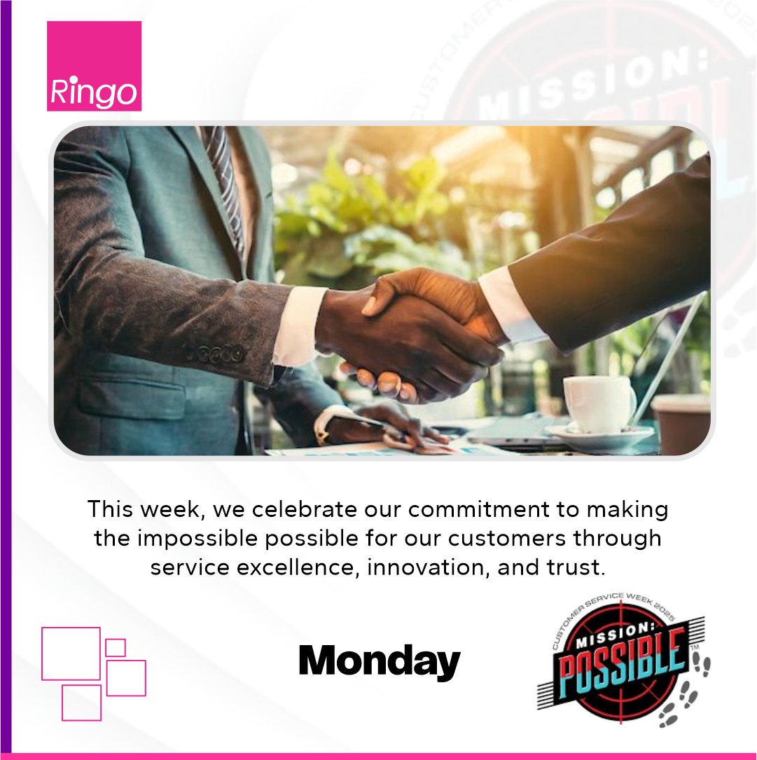 RingotelcomLtd's tweet photo. 🎉 Welcome to Customer Service Week  – Mission: Possible!

At Ringo Telecommunications, every connection counts

This week, we celebrate service excellence, innovation &amp; trust that make the impossible possible! 💪✨

#CSWeek2025 #RingoTelecoms https://t.co/9OchV3Umzb