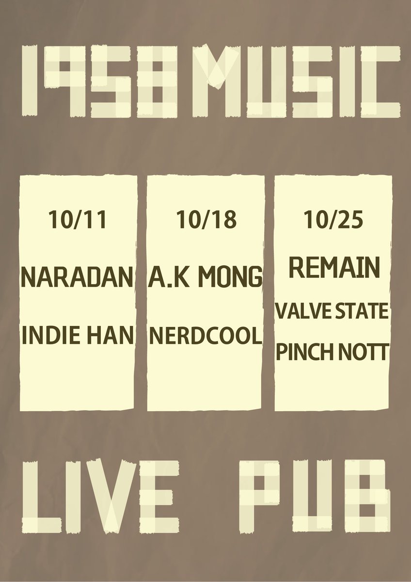 나라단 공연 - 1958뮤직

[일시]
2025년 10월 11일 토 19:30

[라인업]
나라단
INDIE HAN PROJECT

[장소]
1958뮤직
인천시 동구 금곡로 11번길 5 1층

∞ instagram.com/1958_muzik/p/D…

#나라단 #naradan #band #live #naradan #1958_muzik #incheon