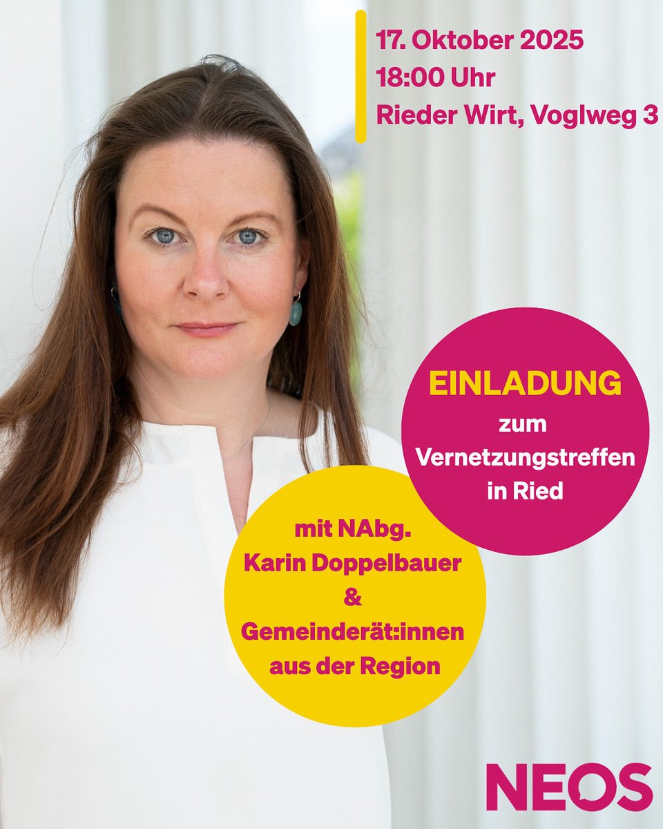 📣Einladung: Vernetzungstreffen in Ried!
In entspannter Atmosphäre möchten wir mit euch ins Gespräch kommen – über das, was die Region bewegt, eure Anliegen, Ideen und Fragen. Jede und jeder ist herzlich willkommen!

Anmeldung: go.neos.eu/events/detail/…