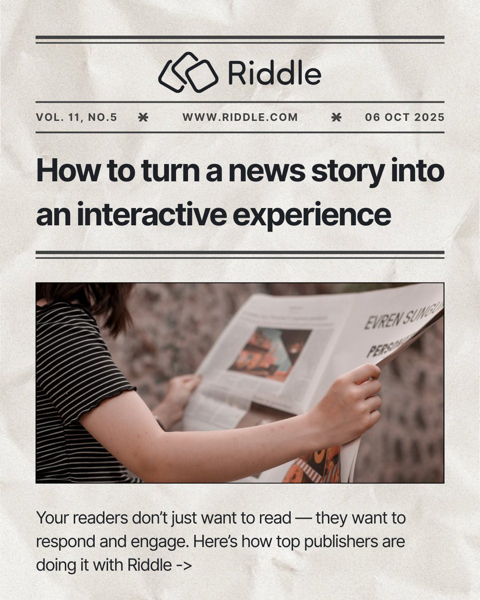riddleApp's tweet image. Turn your news stories into interactive experiences.
Engage readers with quizzes, polls, and surveys — right inside your articles.
Boost time on page, gather insights, and keep audiences coming back.
Built for publishers. Powered by Riddle Quiz Maker.
#DigitalPublishing