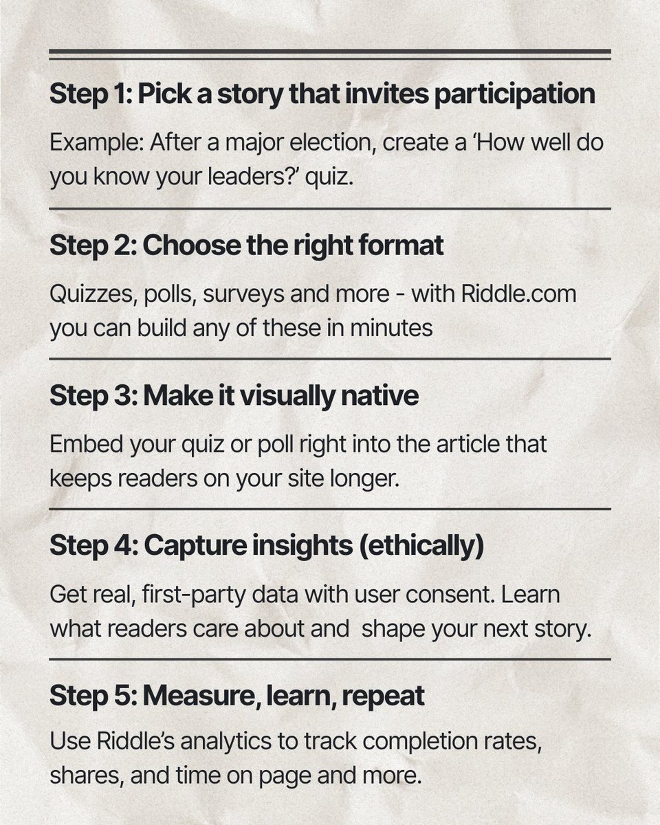 riddleApp's tweet image. Turn your news stories into interactive experiences.
Engage readers with quizzes, polls, and surveys — right inside your articles.
Boost time on page, gather insights, and keep audiences coming back.
Built for publishers. Powered by Riddle Quiz Maker.
#DigitalPublishing