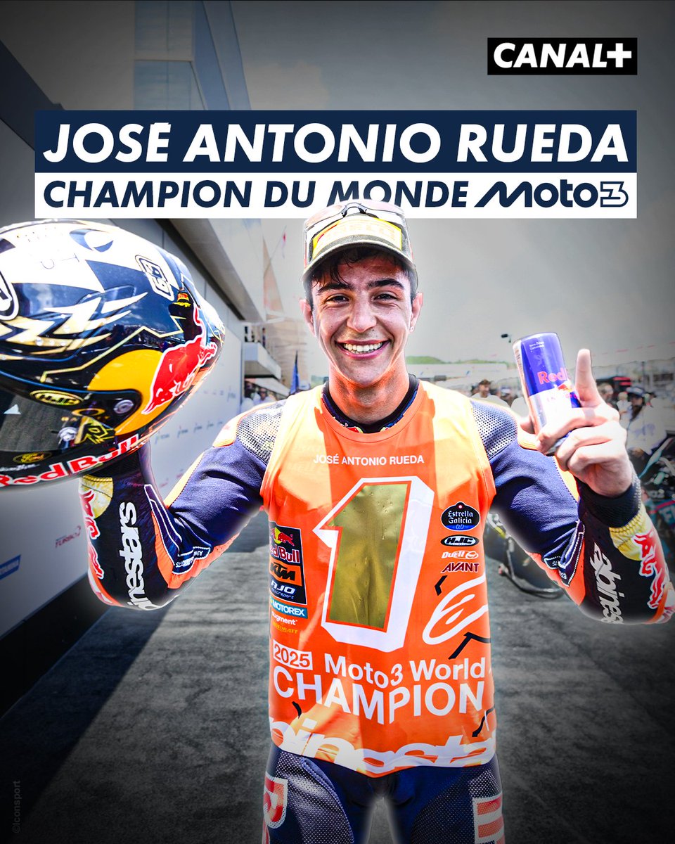CanalplusMotoGP's tweet image. Le jeune sévillan de 19 ans, José Antonio Rueda, pilote KTM, a été sacré champion du monde Moto3 ce week-end à Mandalika 👀🎉

#IndonesianGP #JoseAntonioRueda #Moto3