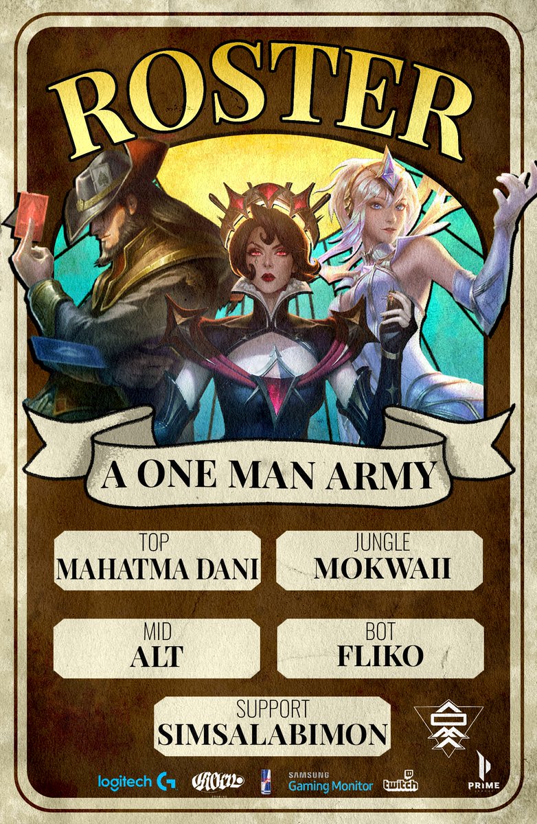 With our party assembled, we're ready to conquer <a href="/PrimeLeague/">Die Techniker Prime League</a> Division 3! Introducing our roster!

Top lane: Mahatma Dani
Jungle: Mokwaii - <a href="/MokwaiiLoL/">Mokwaii</a> 
Mid lane: AltGirlsAddict - <a href="/Lebster1/">Realeboga Setsiba</a>
ADC: Fliko  
Support: Simsalabim - <a href="/S1msalabimon/">Simsalabimon</a>