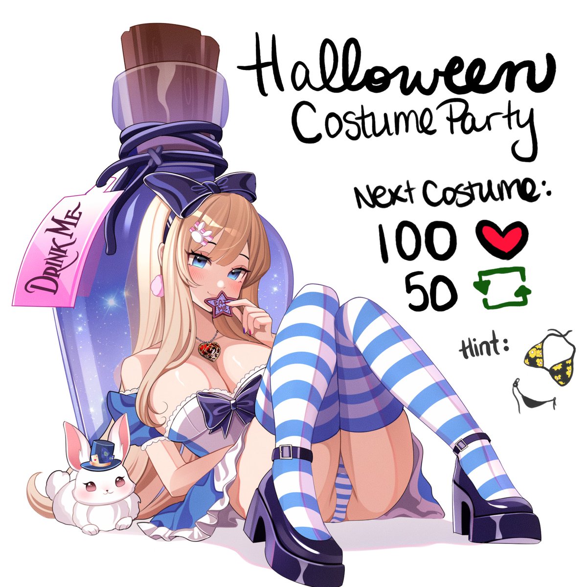 HALLOWEEN COSTUME PARTY 🎃
Round 1 : Alice in Wonderland 🐰🫖
Will we unlock the next costume? 🎀
🎨: <a href="/harunakii/">haru haru</a>