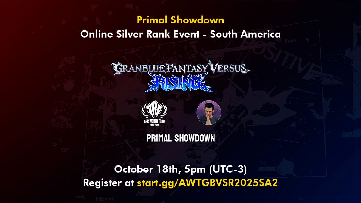 Em menos de duas semanas, no dia 18/10, teremos mais uma etapa online do Arc World Tour de GBVS Rising promovida pelo <a href="/Zatefgc/">AdK I Zate - Nº1 Ms.Marvel do meu bairro no Tokon</a>!

Informações e inscrições em: start.gg/AWTGBVSR2025SA2

As inscrições vão até o dia 17/10, às 17h (UTC-3).