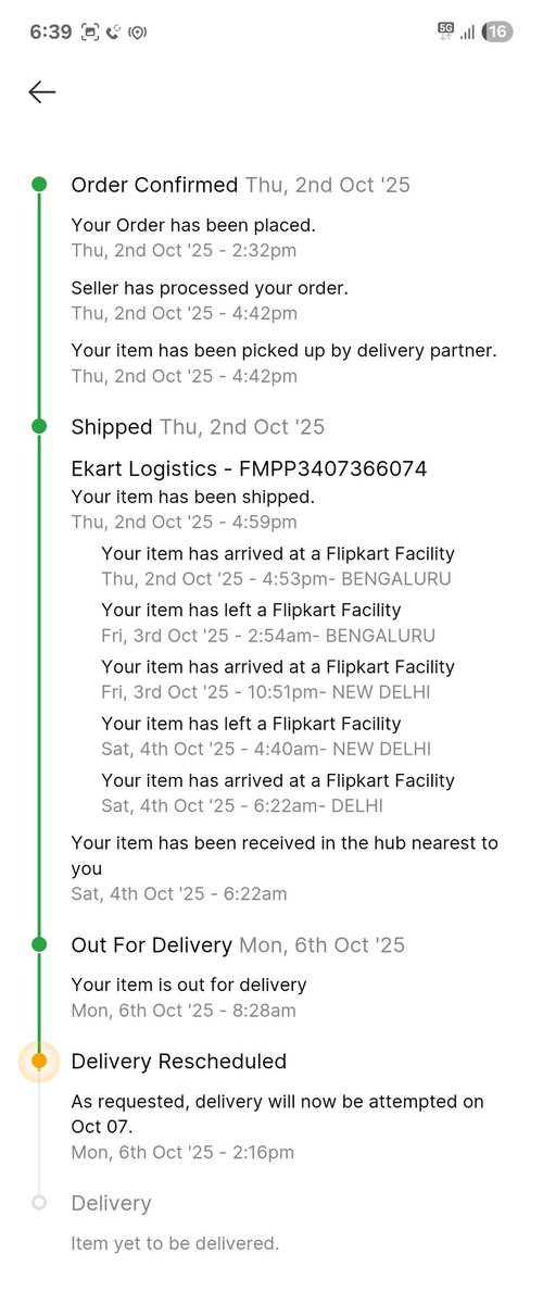 guddu2911's tweet photo. 4th 5th 6th October everything going out my product for delivery but i am not getting and getting msg as requested delivery rescheduled. 
#Flipkart #ekart #noise 
Aukat se baahar kaam le liya hai flipkart ne. Delivery nahi kar pa rahe hain. 3 baar hua aise hi
#ccs is ZERO https://t.co/t9M1HJtQkL
