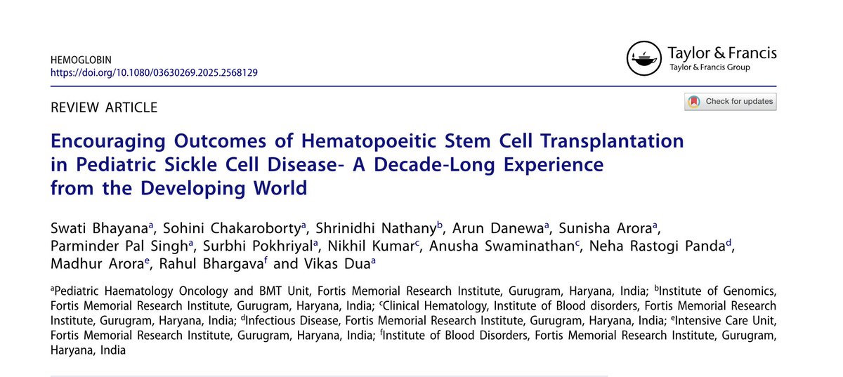 VICTORY AND HOPE IN INDIA
Publication of the 1st decade-long paper on HSCT for 100 pediatric Sickle Cell Disease
-OS -86.9%(n=92)
Kudos to entire team &amp; each patient for helping us work on outcomes - 1 sickling at a time,  1 patient at a time, 1 transplant at a time!