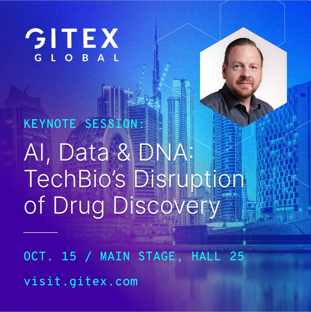 RecursionPharma's tweet image. Inside the AI transformation of drug discovery. 

On Oct. 15 on the Main Stage of @GITEX_GLOBAL at the Dubai World Trade Center, cofounder and CEO @RecursionChris will give a keynote on &quot;AI, Data &amp;amp; DNA: TechBio’s Disruption of Drug Discovery&quot; – sharing the inside story of how…