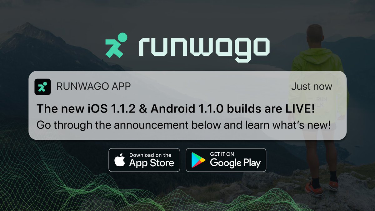 's tweet image. ✅ The iOS 1.1.2 and Android 1.1.0 builds are LIVE!

🛠️ Bug fixing
✨ UX/UI polishing
🔒 Security improvements

📲 Download Runwago on App Store &amp;amp; Google Play!

#Runwago #SportFi
