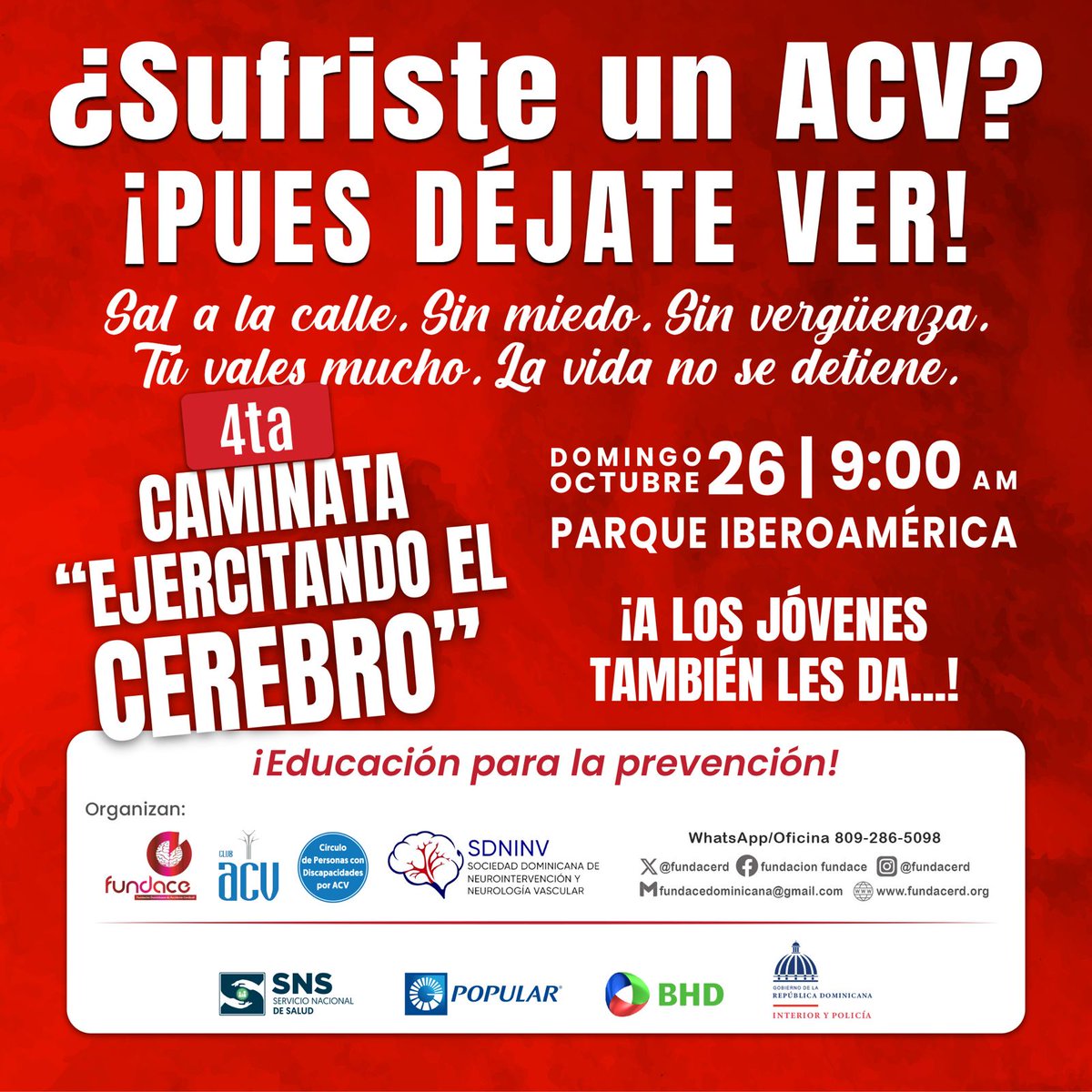Felizvinicio's tweet photo. Cualquiera puede tener un ACV a cualquier edad. Ven con toda la familia, amigos, conocidos y camina por los sobrevivientes encamados! el próximo domingo 26 de octubre en el Parque Iberoamérica/9am.
@fundacerd @draespaillatneuro @draespaillatneuro @drcosmevillaman @drluissuazo https://t.co/ejoqOjT3Qt