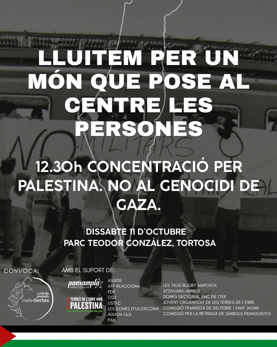 🇵🇸 CONCENTRACIÓ CONTRA EL GENOCIDI DEL POBLE PALESTÍ ✊🏾

🗓️Dissabte, 11 d’octubre
🕜12.30 h
📍Parc Teodor González, Tortosa

Convoca: ℂ𝕠𝕝·𝕝𝕖𝕔𝕥𝕚𝕦 𝔽𝕖𝕞𝕚𝕟𝕚𝕤𝕥𝕒 𝕄𝕒𝕝𝕖𝕤 ℍ𝕖𝕣𝕓𝕖𝕤🌿

Vine, comparteix i fes-ne difusió!

#Atzavara25Anys #Tortosa #TerresdelEbre