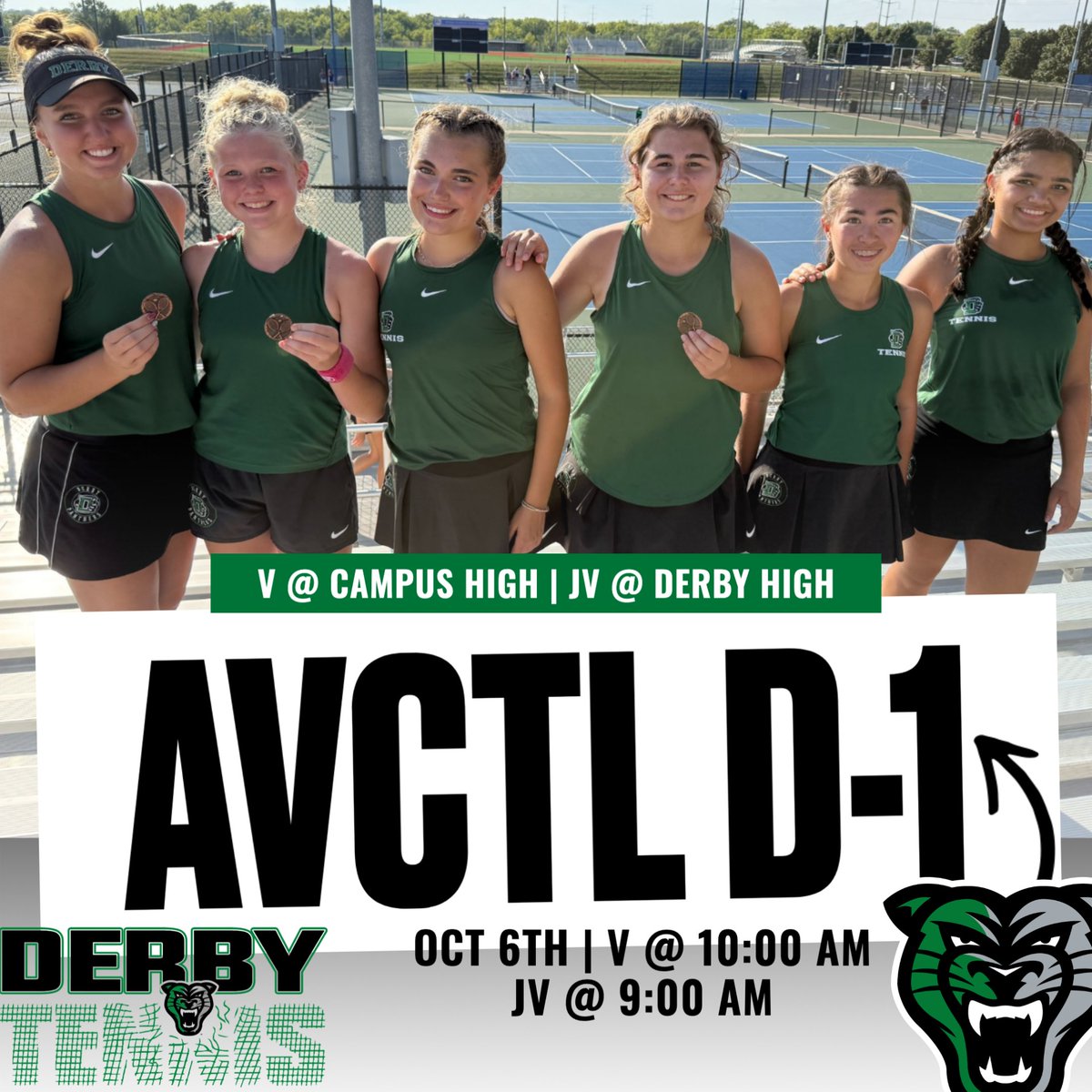 AVCTL D-1 Varsity and JV Tournaments are TODAY!
Varsity @ Campus High - 10:00 am start
JV @ Derby High - 9:00 am start
<a href="/DerbyAD/">Derby High School AD</a> <a href="/DHS_Panthers/">Derby High School - Derby Public Schools</a>