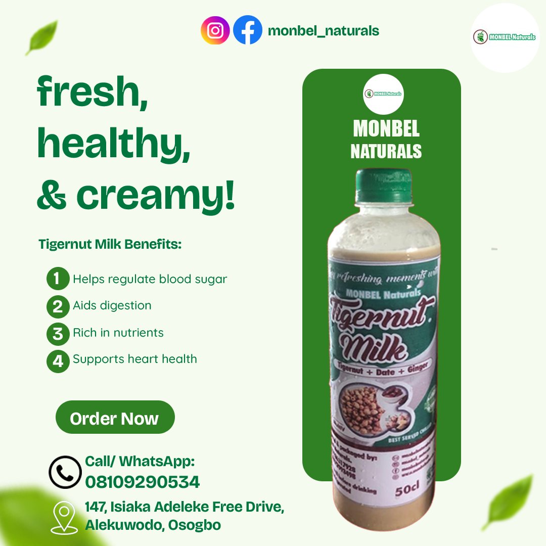Tigernuts now available on order! 

 Don’t miss out on this fresh, creamy, and healthy goodness. Pure premiumness in every sip. 🥛

📞08109290534 | Swift Delivery 🚚