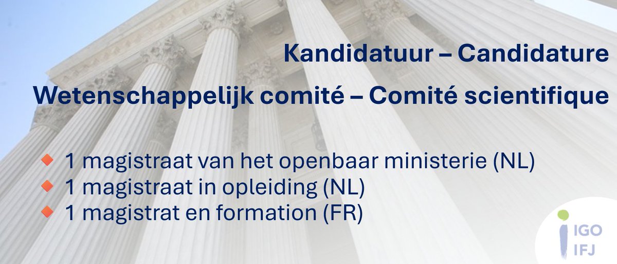 igo_ifj's tweet photo. Wenst u deel uit te maken van ons Wetenschappelijk comité?
We zijn op zoek naar verschillende profielen:
🔸1 magistraat NL van het OM
🔸1 magistraat in opleiding NL
🔸1 magistraat in opleiding FR
🗓️ Solliciteer vóór 15 oktober 2025.
Voor meer info: https://t.co/Uj2EJSbggb https://t.co/VqiiwQZltZ