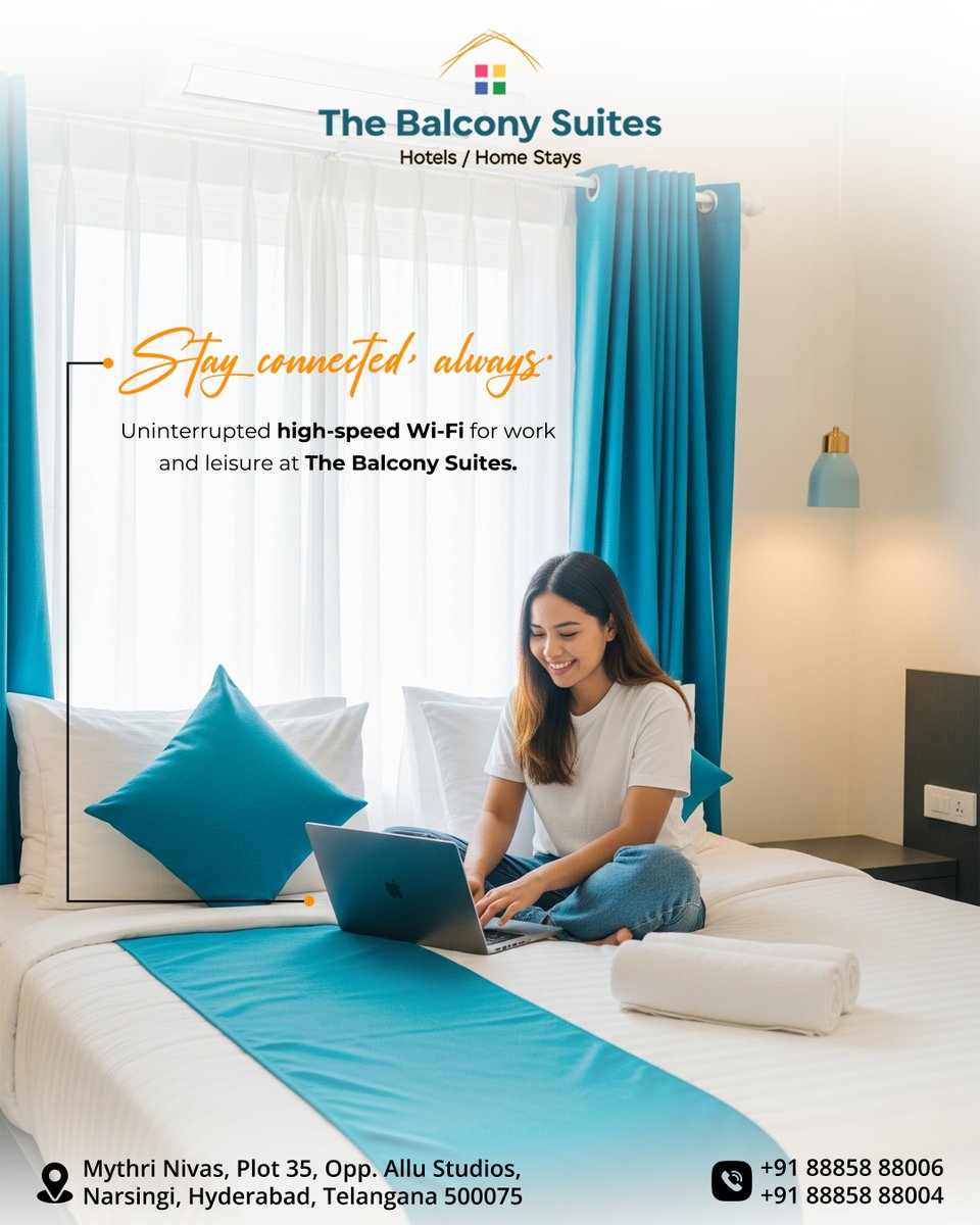 Balcony_Suites's tweet photo. Work. Relax. Repeat. Stay connected always with seamless Wi-Fi and cozy comfort at The Balcony Suites. 💼

Book Your Stay Now!
call:+91 88858 88006,+91 88858 88004
Visit:https://t.co/PRtHDolljX

#TheBalconySuites #WorkFromStay #SmartStay #HyderabadStays #StayConnectedAlways https://t.co/jizZtMtZhO