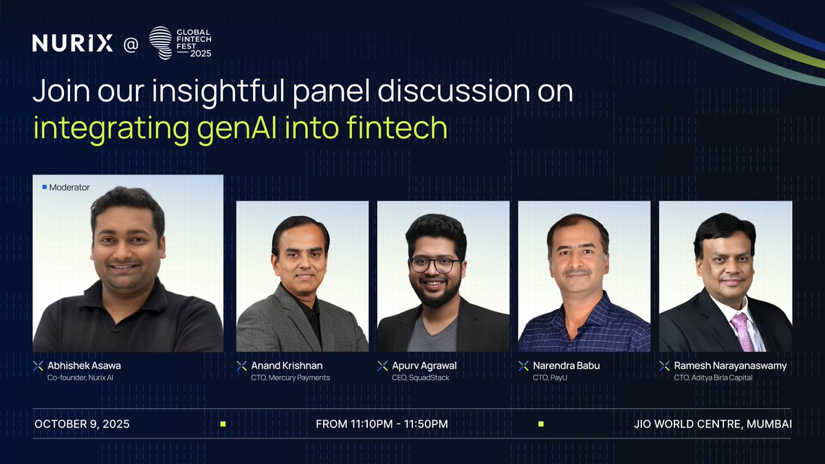 Nurix AI (@ai_nurix) on Twitter photo Our Co-founder <a href="/abhiasawa/">Asawa</a> will moderate a panel at Global Fintech Fest 2025 on how AI is shaping the future of finance.
Featuring leaders from <a href="/PayUindia/">PayU India</a> , <a href="/abcapital/">Aditya Birla Capital</a> , #Mercury and <a href="/SquadStackAI/">SquadStack</a>
#Nurix #GFF2025 #Fintech Our Co-founder <a href="/abhiasawa/">Asawa</a> will moderate a panel at Global Fintech Fest 2025 on how AI is shaping the future of finance.
Featuring leaders from <a href="/PayUindia/">PayU India</a> , <a href="/abcapital/">Aditya Birla Capital</a> , #Mercury and <a href="/SquadStackAI/">SquadStack</a>
#Nurix #GFF2025 #Fintech