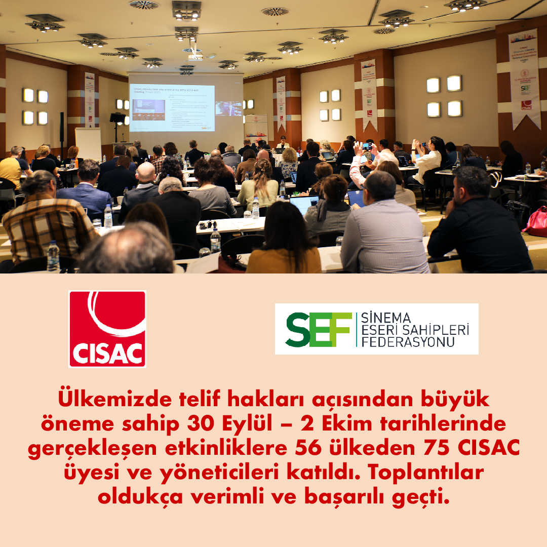 Sinebir's tweet photo. Üyesi olduğumuz Sinema Eseri Sahipleri Federasyonu (SEF) olarak CISAC CTDLV/ Dramatic, Literary and Audio-Visual Works Technical Committee (Dramatik, Edebi ve Görsel-İşitsel Eserler Teknik Komitesi) Toplantısına ev sahipliği yaptık.
#SineBir #SEF #CISAC https://t.co/E3jeK6LOjP