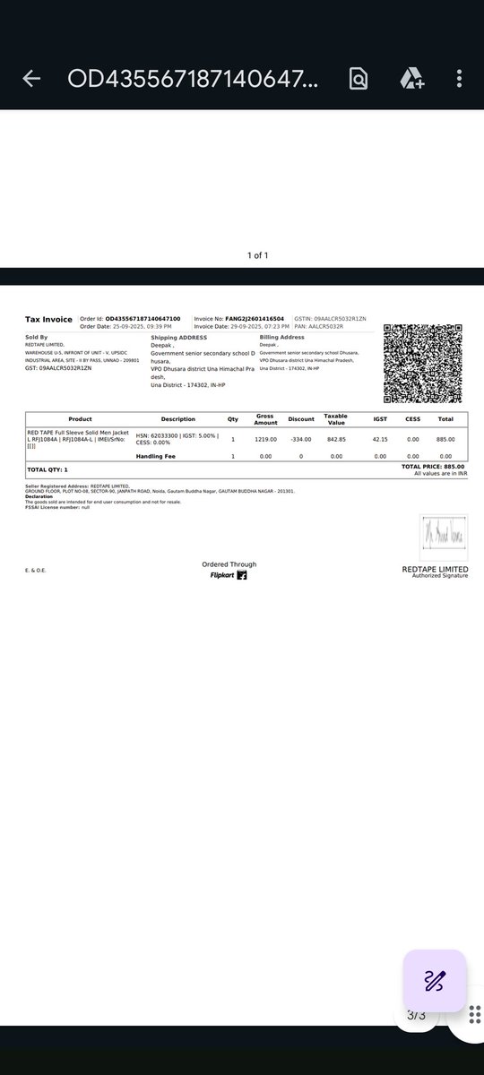 bhatiad06's tweet photo. @Flipkart @flipkartsupport @RedTapeIndia @jagograhakjago
I ordered a RED TAPE jacket during offer time for ₹885 only (as shown in invoice), but ₹1210 was charged on my credit card! 😡
Invoice clearly shows ₹885 — why was ₹325 extra charged?
Please check and refund me https://t.co/RqpAyvtYQq