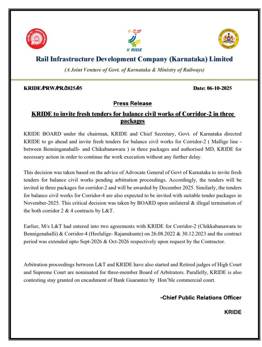 ChristinMP_'s tweet image. 🚨 It’s official. After L&T’s standoff, KRIDE board, chaired by Karnataka Chief Secretary on Monday, decided to invite fresh tenders for balance civil works of Corridor-2 (Benniganahalli–Chikkabanawara) in three packages. Awards by Dec 2025; Corridor-4 tenders likely in Nov 2025…