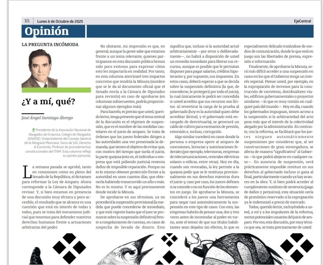 Buenos días. Les comparto mi columna de esta semana en Eje Central, donde aterrizo 3 implicaciones concretas de la reforma a la Ley de Amparo, en caso de aprobare la Minuta. Buen  inicio de semana! 

ejecentral.com.mx/opinion/y-a-mi…