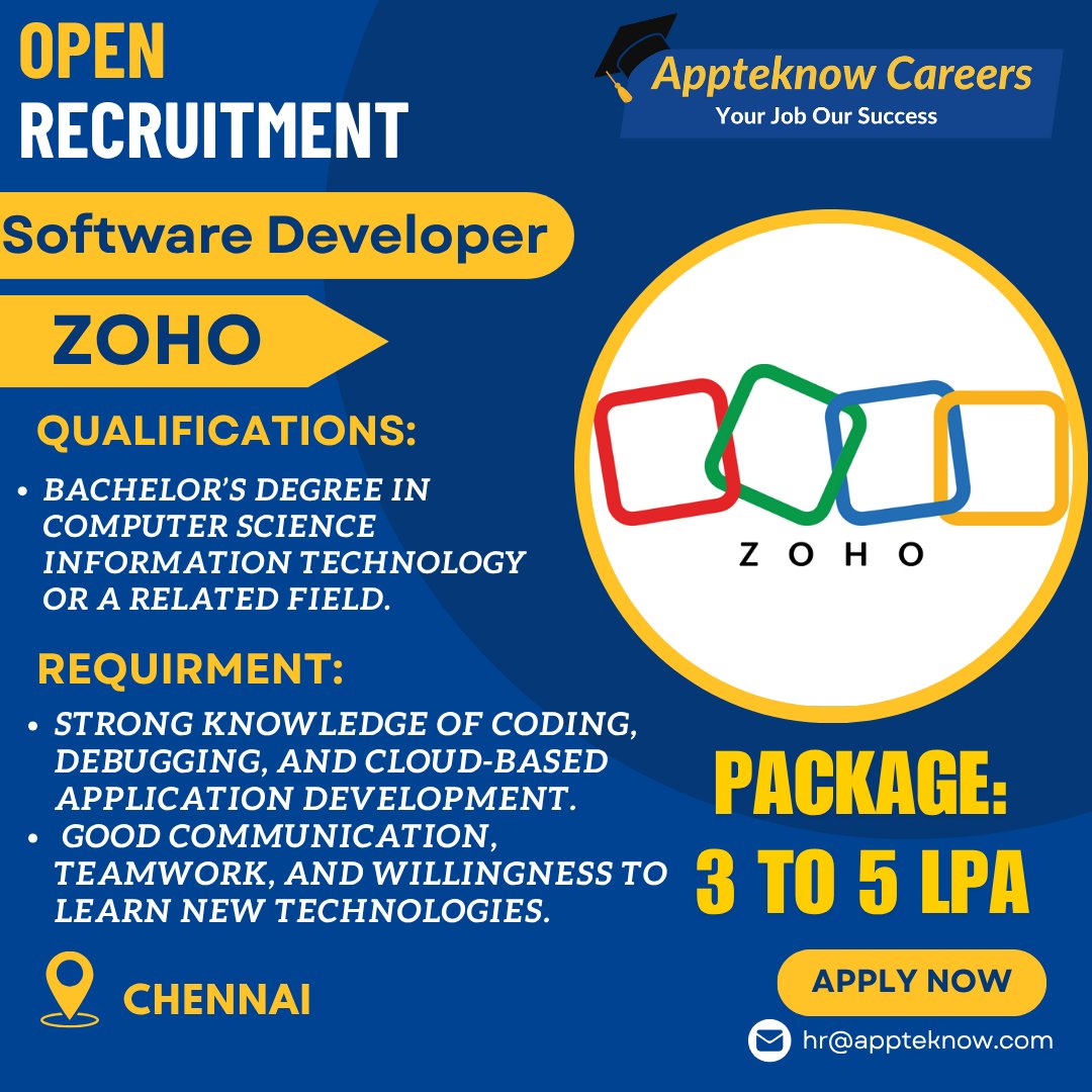 CoursesAptech's tweet image. 🚀 Thrive with Zoho in Chennai!
Unleash your coding talent as a Software Developer and build the future of cloud apps.
💰 Salary: 3–5 LPA
Ready to innovate, collaborate, and grow?
📧 Apply now: hr@apptenknow.com

#ZohoCareers #CodeYourFuture #TechTalent #ChennaiJobs #DreamRole