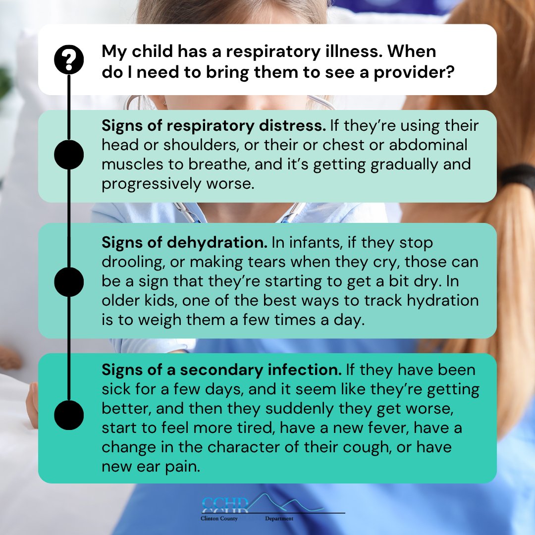 ClintonCountyHD's tweet image. If your child is just starting to have symptoms of a #RespiratoryInfection (like #Cough, #Congestion, #Fever, #Fatigue, or loss of appetite) you can probably monitor them at home in most cases. But watch for these 3 things, that would warrant a sick-visit. cchdtalkinghealth.blogspot.com