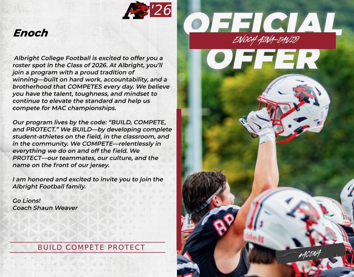 Enoch Aina-david (@aina_enoch) on Twitter photo I’m blessed to receive a scholarship offer from <a href="/Albright_FBall/">Albright Football</a> !! Thank you to coach <a href="/CoachWeaverAC/">Coach Weaver-Albright College HFC</a> and <a href="/CoachBargielRB/">Coach Antonio Bargiel</a> for the opportunity.
<a href="/CoachPoeWins/">Napoleon Sykes Jr.</a> <a href="/LvilleBigRedFB/">Lawrenceville Football</a> <a href="/CoachPat91/">Patrick Loughlin</a> <a href="/CoachRosciano/">Coach Roz</a> I’m blessed to receive a scholarship offer from <a href="/Albright_FBall/">Albright Football</a> !! Thank you to coach <a href="/CoachWeaverAC/">Coach Weaver-Albright College HFC</a> and <a href="/CoachBargielRB/">Coach Antonio Bargiel</a> for the opportunity.
<a href="/CoachPoeWins/">Napoleon Sykes Jr.</a> <a href="/LvilleBigRedFB/">Lawrenceville Football</a> <a href="/CoachPat91/">Patrick Loughlin</a> <a href="/CoachRosciano/">Coach Roz</a>