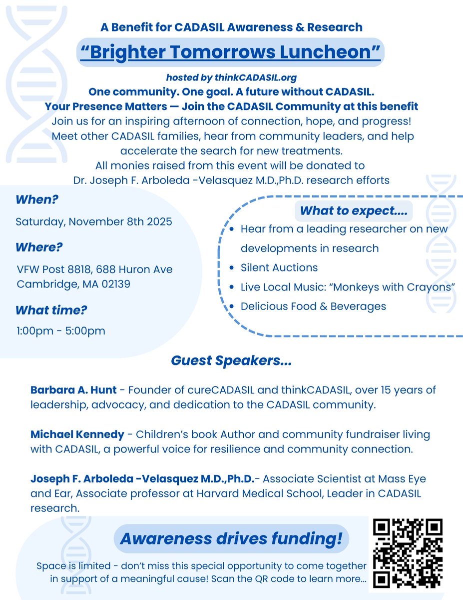 Your Presence Matters — Join the CADASIL Community at thinkCADASIL's Brighter Tomorrows Luncheon Benefit!
When awareness meets action, research moves faster. Join us to build the bridge between our community and the researchers working toward treatments.  thinkcadasil.org/fundraiser-inf…