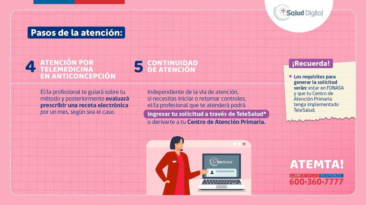 La nueva estrategia #ATEMTA garantiza el acceso a atención en salud sexual y reproductiva. 
Si tienes dudas visita saludresponde.minsal.cl/atemta/ o llámanos al 6003607777