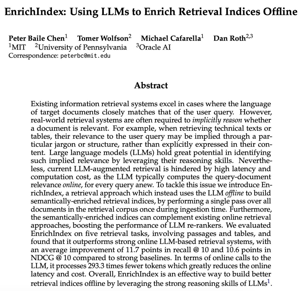 Peter Chen (@peterbailechen) on Twitter photo I am excited to present EnrichIndex at #COLM2025 where we explore how to use LLMs to build reusable retrieval indices offline to improve complex retrieval with implicit reasoning! <a href="/TomerWolfson/">Tomer Wolfson</a> <a href="/MikeCafarella/">Michael Cafarella</a> <a href="/DanRothNLP/">Dan Roth</a> <a href="/cogcomp/">Cognitive Computation Group</a>
Come check out our poster @ Poster 3 (11:00 AM)! I am excited to present EnrichIndex at #COLM2025 where we explore how to use LLMs to build reusable retrieval indices offline to improve complex retrieval with implicit reasoning! <a href="/TomerWolfson/">Tomer Wolfson</a> <a href="/MikeCafarella/">Michael Cafarella</a> <a href="/DanRothNLP/">Dan Roth</a> <a href="/cogcomp/">Cognitive Computation Group</a>
Come check out our poster @ Poster 3 (11:00 AM)!