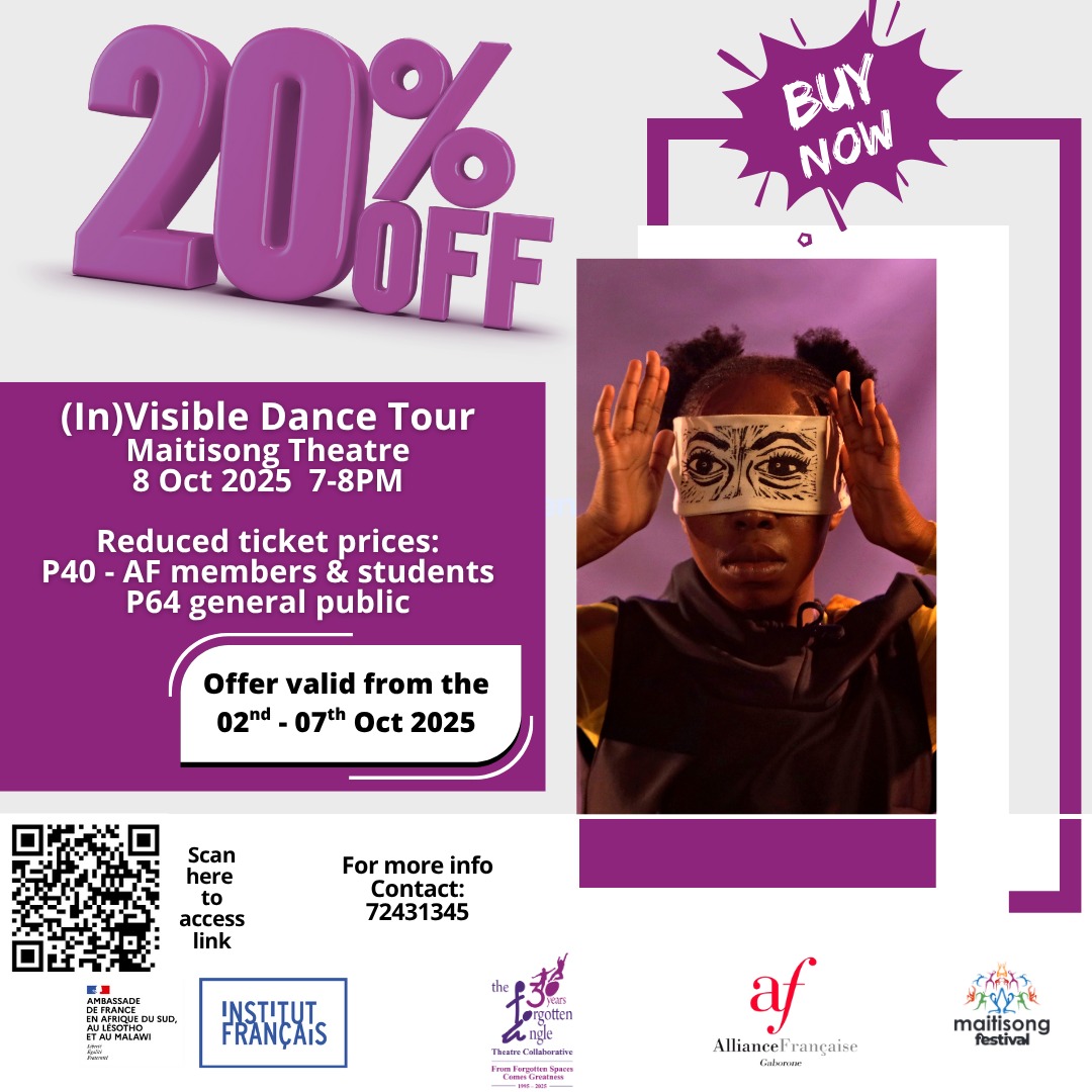 📅 Wednesday, 8 October | 🕖 7-8PM
📍 Maitisong Theatre

Prices now: P40 (AF Members and Students | P64 (General)
📅 Offer valid: Oct 2nd – 7th, 2025
🎟️Click the link here to get your ticket webtickets.co.bw/v2/event.aspx?…