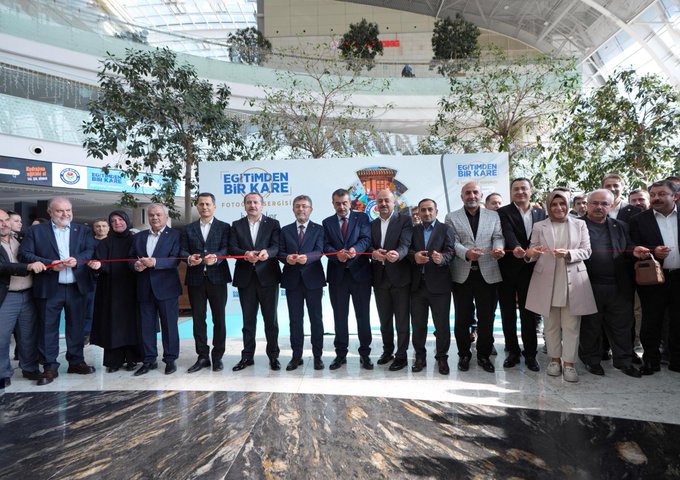 A group of people, including Yusuf Tekin and İbrahim Yumaklı, cutting a blue ribbon in a spacious indoor area with trees and a glass ceiling. Banners display "Eğitimden Bir Kare" and logos. Another image shows Yusuf Tekin and others observing a photo exhibit with images of people, displayed on a fenced panel.