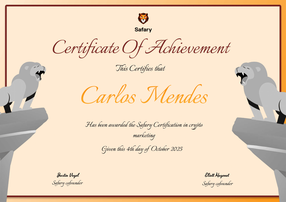 Wrapped up Crypto Marketing cohort 2 by <a href="/Safaryclub/">Safary 🦁</a> 🦁

A 4-week sprint through strategy, data, storytelling, and much more.

Always a great feeling to learn from (and alongside) some of the sharpest marketers in the space.

Time to put it all to work now