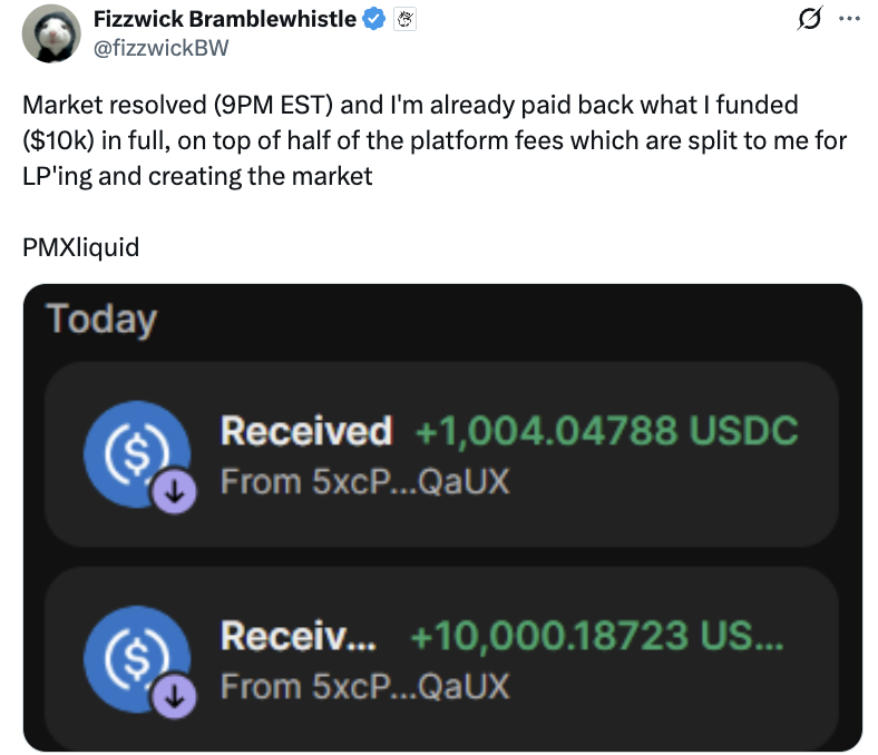 This is probably the easiest way to make money right now:

> provide liquidity
> receive a full refund + a share of 40% trading fees

PMX and Meteora built together the pump fun of prediction markets

Here's how it works 👇🏼🧵