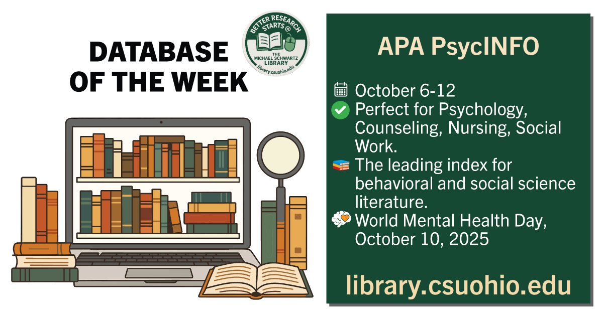 Database of the Week: APA PsycInfo 🧠
In time for World Mental Health Day (Oct 10), search authoritative behavioral &amp; social science research.
Filters: age, gender, methodology, tests &amp; measures + more.
🔗 Access:  ow.ly/auAs50X3HF5
#WorldMentalHealthDay