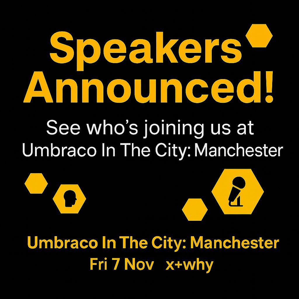 umbManchester's tweet image. 🐝 Full lineup for Umbraco In The City: Manchester is live!
AI, accessibility, uSync, empathy, chaos, compassion — and v17!
This is a Umbraco day with heart 💛
🗓 Fri 7 Nov
📍 x+why Manchester
🎟 £50 (+VAT)
⚠️ Less than 20 tickets left!
👉 umbracointhe.city
#Umbraco #Web