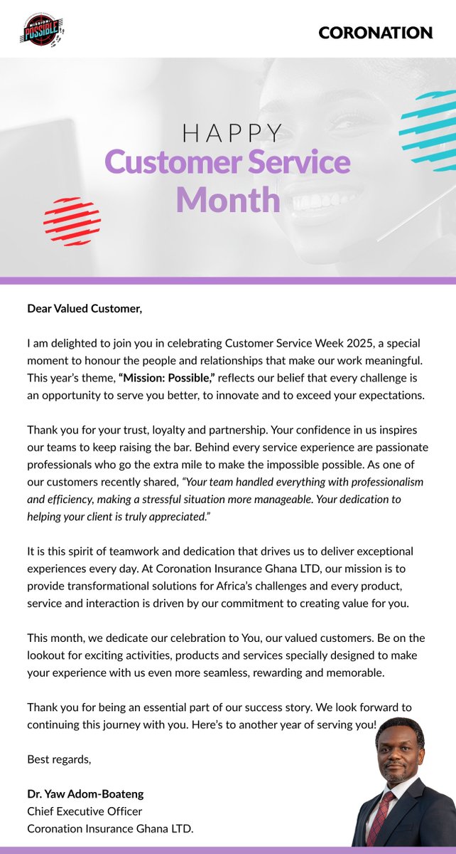 coronationghana's tweet photo. Customer Service Week is a reminder that great service isnโt just what we do, itโs who we are.
With passion and commitment, we take on every challenge to make the impossible possible for you, our customer!
#CustomerService
#CoronationInsurance
#servicemonth https://t.co/WNxpb6ohhE