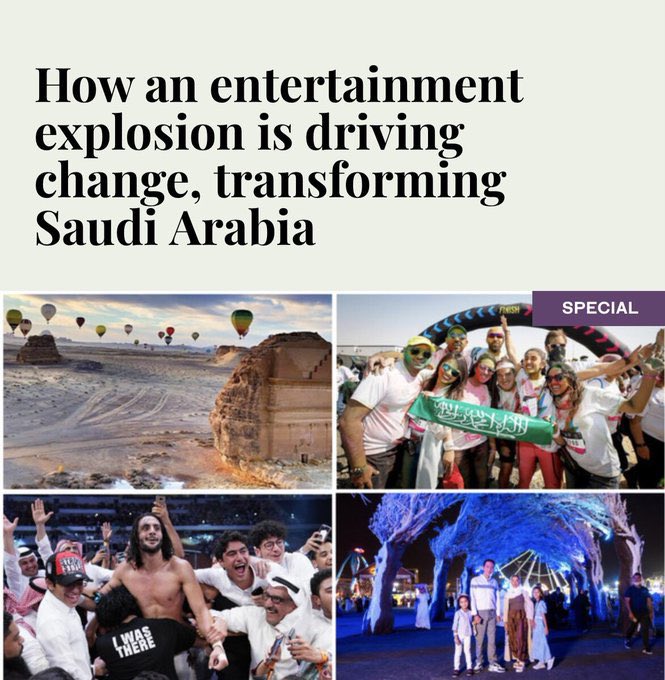 "كيف يقود الانفجار الترفيهي التغيير ويحوّل المملكة العربية السعودية؟"

📌 تحولت #السعودية من مكان ينعدم فيه الترفيه! إلى مركز عالمي للفعاليات الثقافية والمعارض الفنية وعروض الأفلام في الشرق الأوسط

مقالة بقلم Rebecca Anne Proctor راح اسرد لكم أهم مقتطفاتها…
#موسم_الرياض